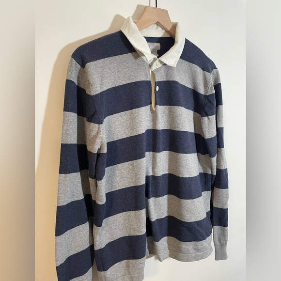 JCP Combed Cotton Striped Long Sleeve Polo Shirt Gray Blue Size Large Y2K Preppy - Picture 3 of 9